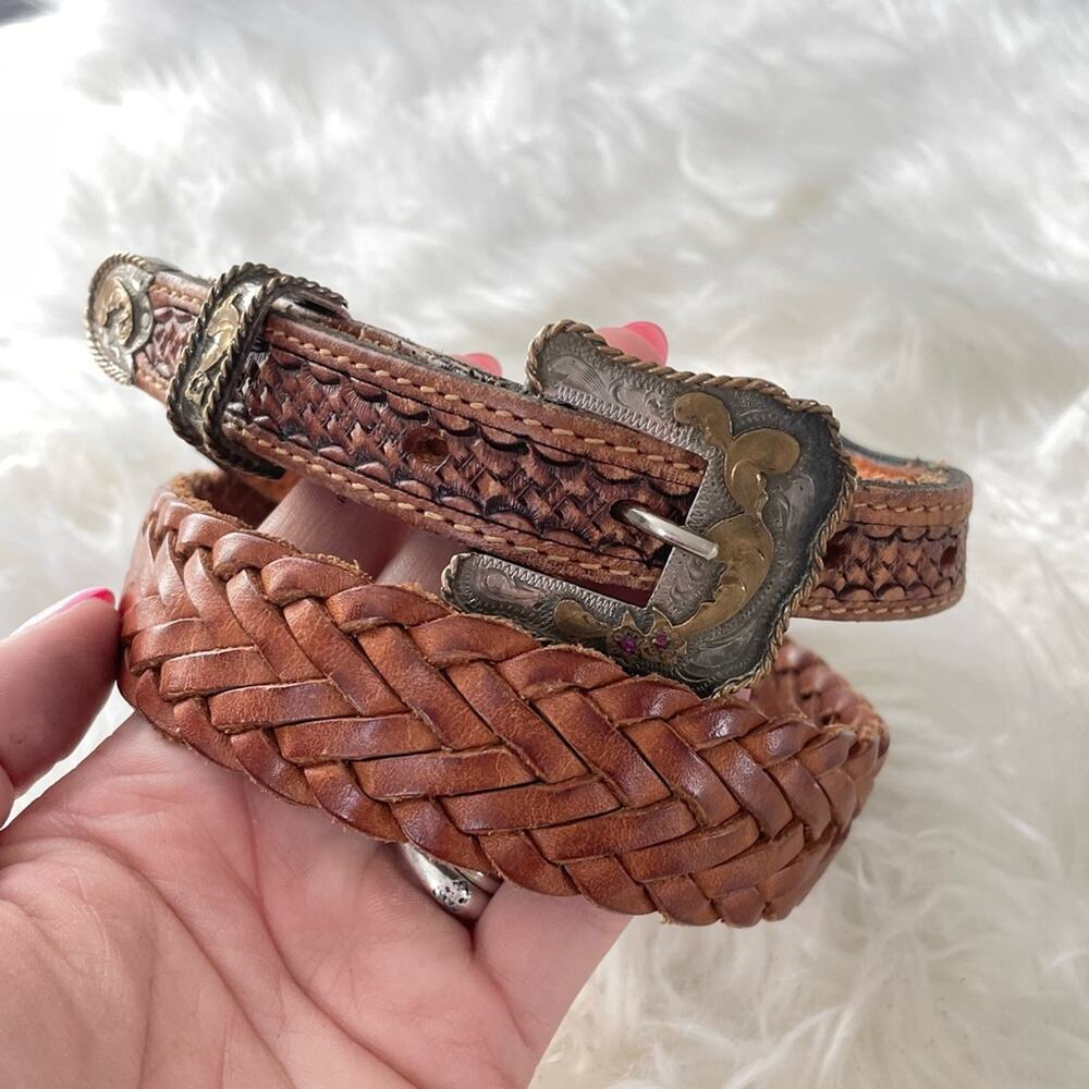 Justin Boots | Woven Leather Brown Belt Inset Detail German Silver & Gold Buckle